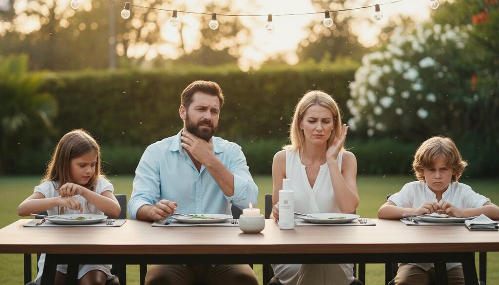 Mister Zanzara — prima: famiglia che cerca di cenare in giardino infastidita dalle zanzare