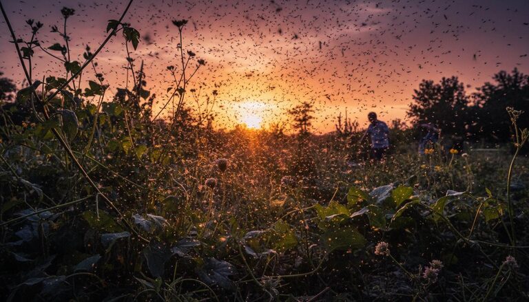 Mister Zanzara — sciame di zanzare al tramonto in golena del Po, Basso Mantovano